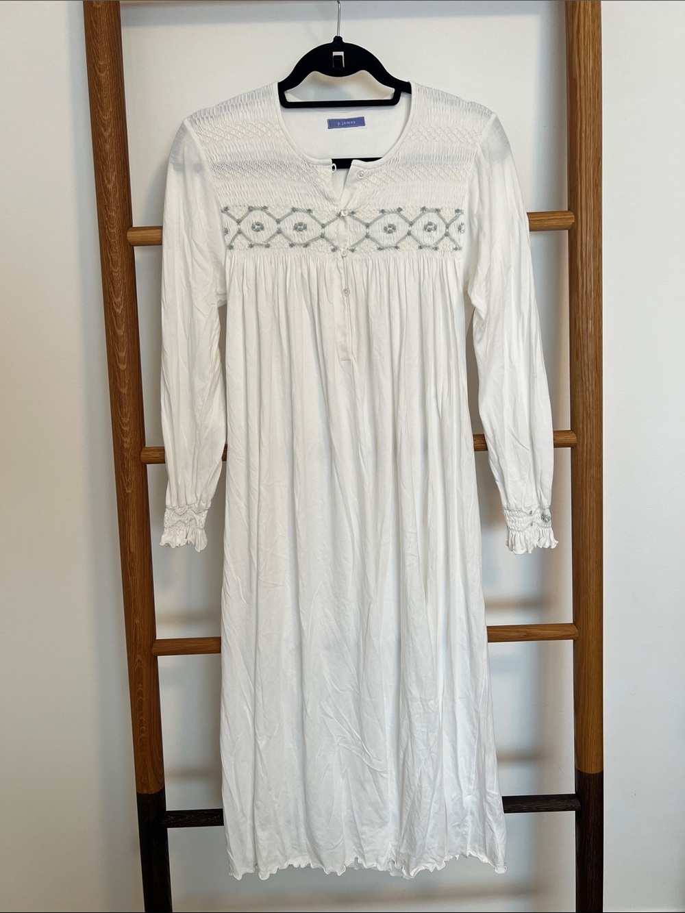 p.jamas White 100% Pima Cotton Smocked Long Sleeve Nightgown - Size XS